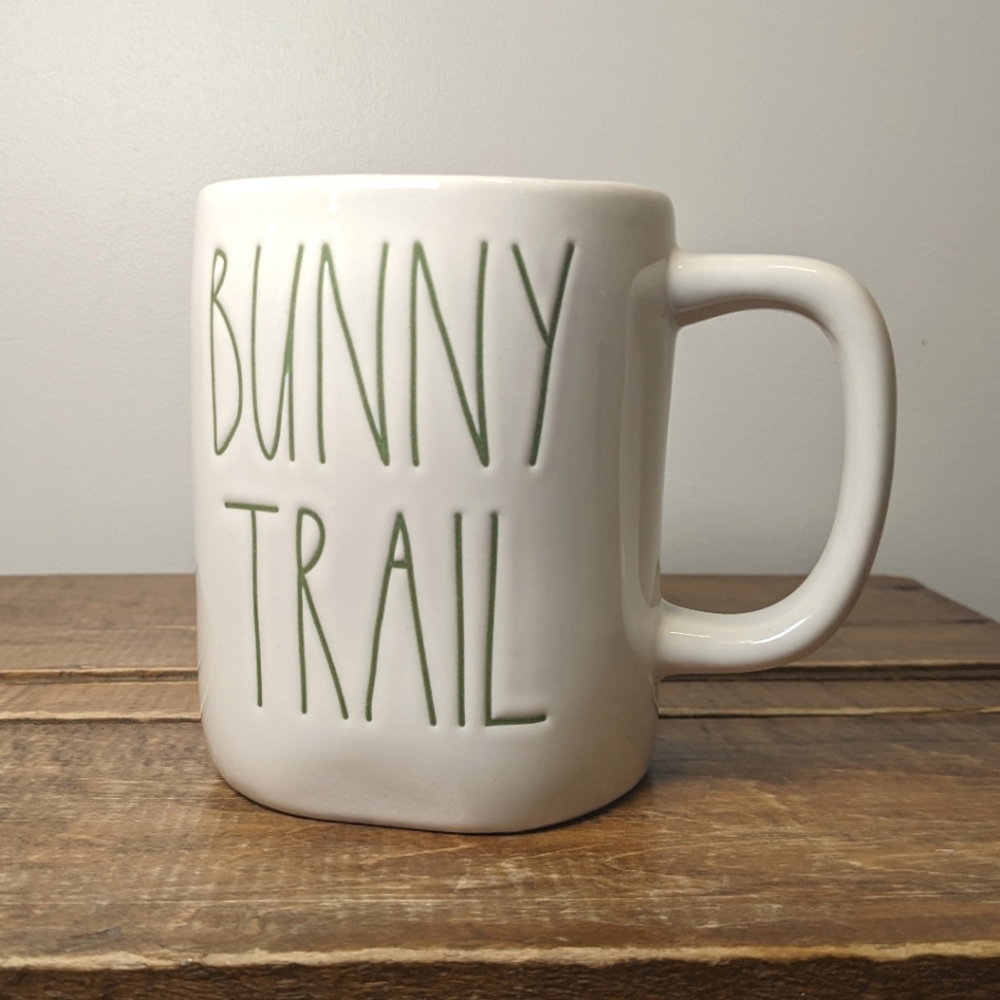 NEW Rae Dunn BUNNY TRAIL mug with green lettering